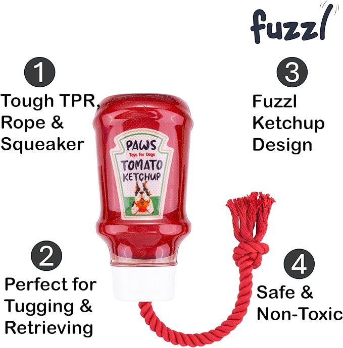 Fuzzl TPR Ketchup Bottle Rubber Dog Toy with Rope – Durable Chew & Tug Toy for Small, Medium & Large Dogs – Tough – Interactive Fetch, Tug-of-War & Dental Health Play