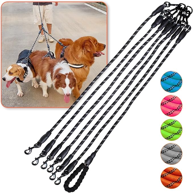 Six Way Leash for 6 Dogs - 360 Swivel, No Tangle Walking Leash with Reflective Strips