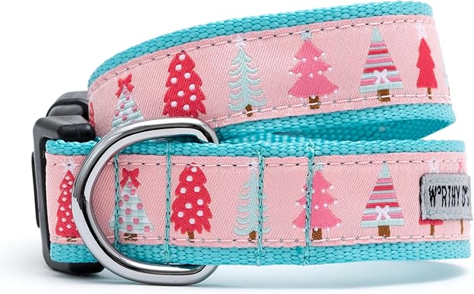 THE WORTHY DOG Adjustable Holiday Dog Collar for Large Dogs, Durable Nylon Webbing, Quick Release Buckle, Holiday Trees Christmas Pattern, Pink, X-Large