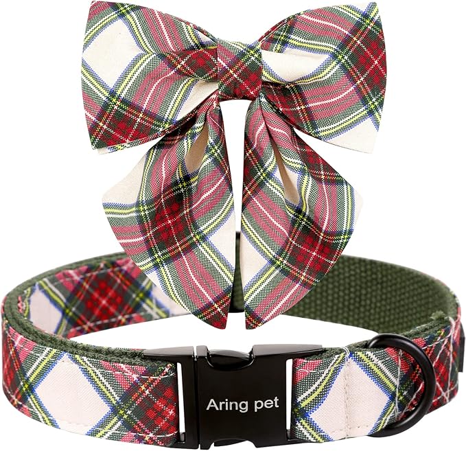 ARING PET Christmas Dog Collar, Cute Xmas Pet Collar with Sailor Bowtie Red and Green Plaid Bow Tie Collars with Metal Buckle for Puppy Small Medium Large Boy Girl Dogs-M