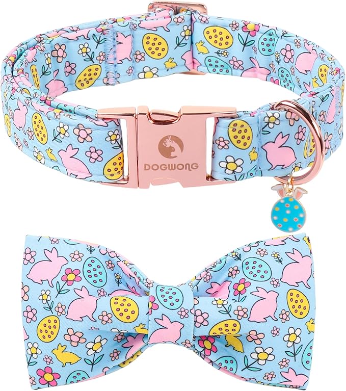 DOGWONG Easer Dog Collar with Bow,Blue Bunny Easter Dog Collars, Adjustable Durable Soft Flower Easter Dog Collar for Male Female Puppy,M
