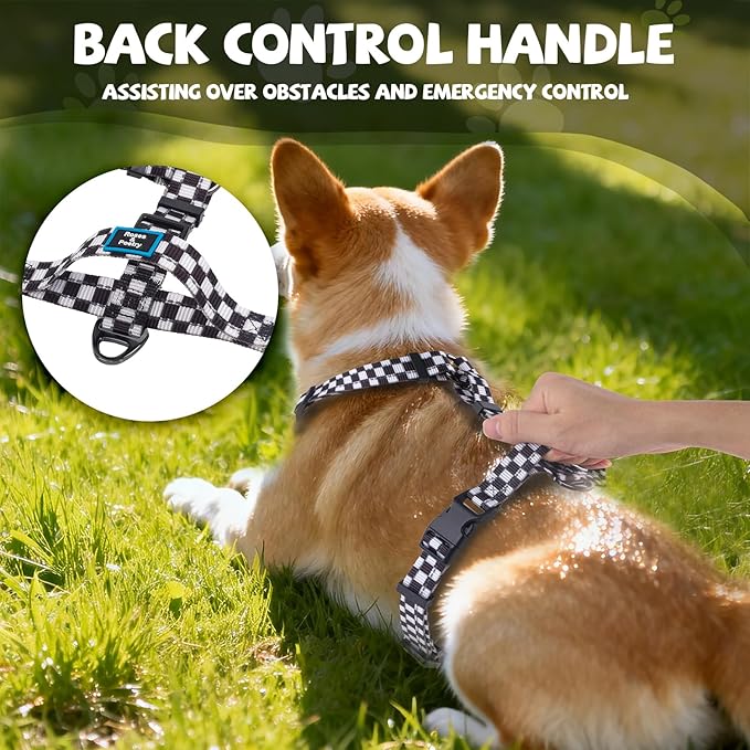 Roses&Poetry Dog Harness Medium Sized Dog, 6 Point Adjustable Fit No Pull Harness with Handle for Control and Easy Walking, Reflective Pet Halter Harnesses（Blackwhite-M）