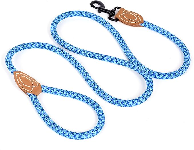 Mile High Life | Mountain Climbing Dog Rope Leash with Heavy Duty Metal Sturdy Clasp | Genuine Leather Tailored Connection with Strong Stitches (Sky Blue Hot Blue, 48 Inch (Pack of 1))