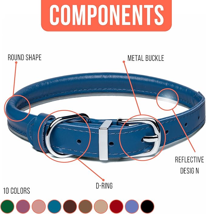 OOPSDOGGY Rolled Leather Dog Collar Reflective Roll Collars for Small Medium Large Dogs Puppy (Dark Blue, L, 14'' - 18'')