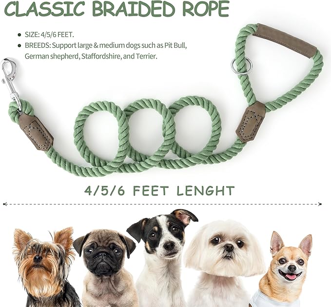 Mile High Life Dog Leash, Braided Cotton Rope Leashes with Leather Handle - Heavy Duty Metal Clasp, 6FT, 1/2" Thick - Wedding, Walking & Training Leash for Small Medium Large Dogs (Kashmir)