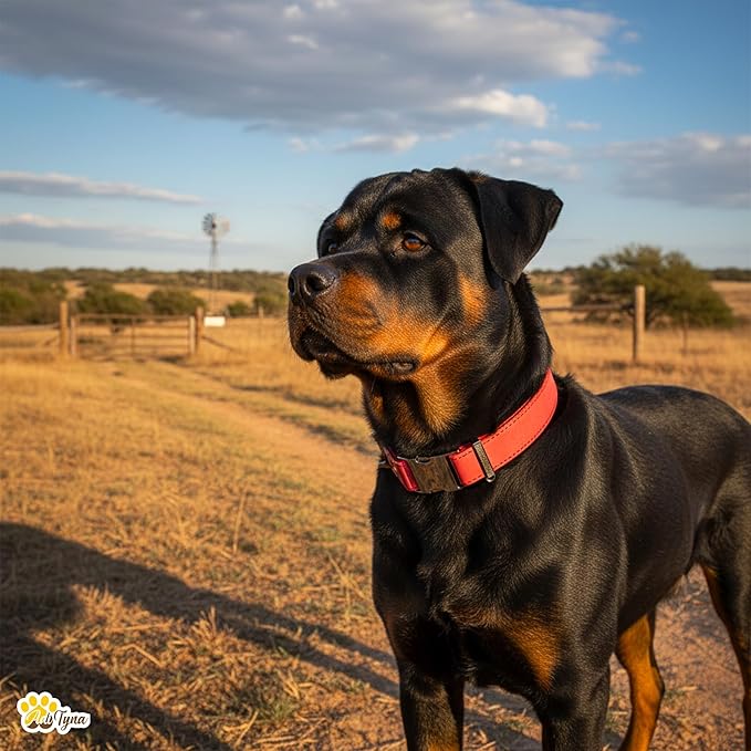 ADITYNA - Leather Dog Collar with Metal Buckle for Large, and Extra Large Dogs - Heavy-Duty, Adjustable, and Leather Tactical Dog Collar (Red, Fits 19-30" Necks)