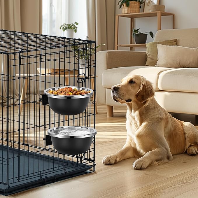 Dog Kennel Bowls, Set of 2 Heavy Duty Metal Food and Water Bowl for Feeding Dogs and Cats, Removable Stainless Steel Hanging Dog Bowls for Kennel Large and Medium Dogs, 56oz