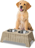DBL4000F Serenity 6.9" Small/Medium Elevated Wicker Pet Feeder with 18oz (2.2 Cups) 2-Stainless Steel Bowls, Almond