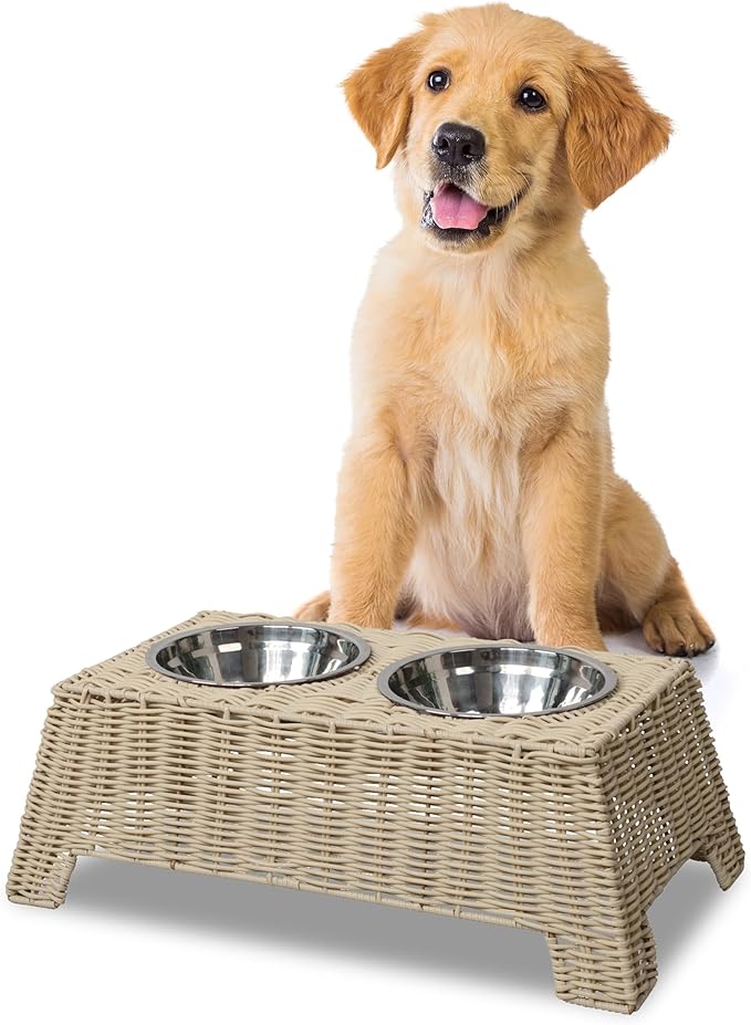DBL4000F Serenity 6.9" Small/Medium Elevated Wicker Pet Feeder with 18oz (2.2 Cups) 2-Stainless Steel Bowls, Almond