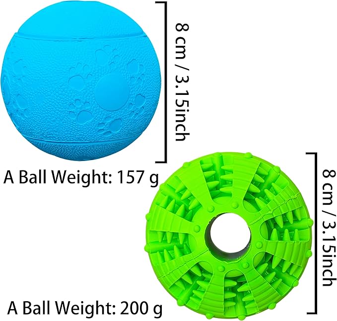 2 Pcs Dog Toy Teeth Ball,Dog Puzzle Toy,Treat Dispensing Dog Toys,Non Toxic Tear Resistant Natural Rubber Toy Ball for Pet Teeth Cleaning/Chewing/Playing/Training (Green+Blue, 3.15in)