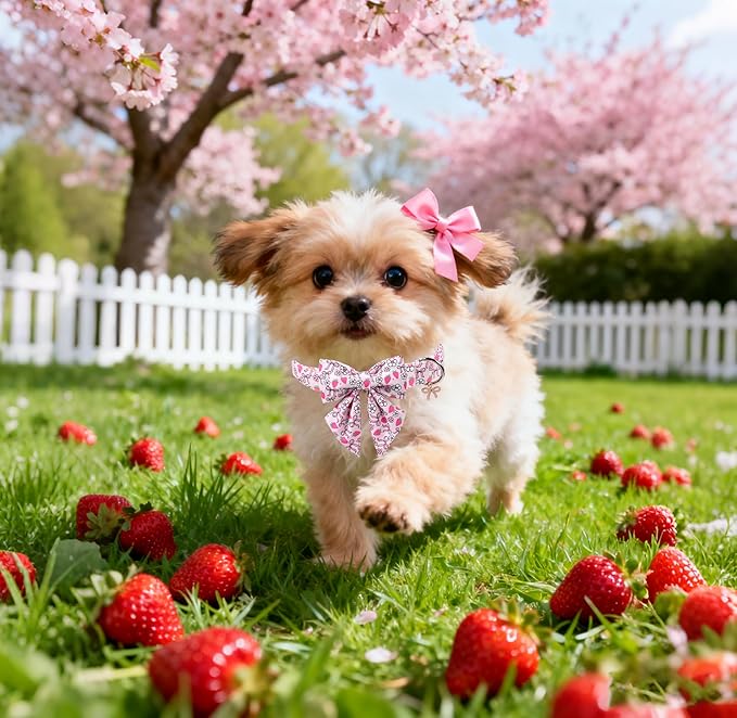 Lionet Paws Strawberry Floral Dog Collar with Sailor Bow, Spring Pink Bow Dog Collars Bow Tie for X-Large Dogs, Neck 16-26 inches