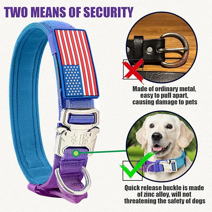 Tactical Nylon Dog Collar - Heavy Duty Metal Buckle with Handle for Dog Training, with Patches (Gradient 1, L)