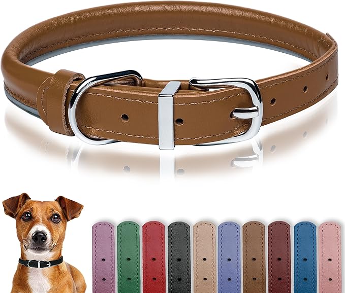 OOPSDOGGY Rolled Leather Dog Collar Reflective Roll Collars for Small Medium Large Dogs Puppy (Caramel, S, 10''- 13'')