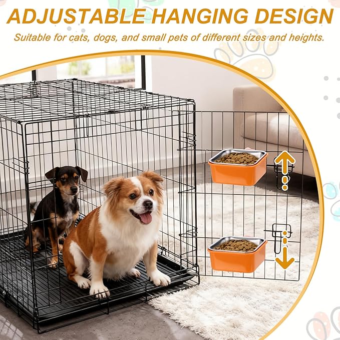 Crate Dog Bowl, Removable Stainless Steel Pet Cage Hanging Anti-Overturn Food Water Feeder Cage Cup (2Pcs, Square, Pink/Green, 11.1oz), Intended for Puppies/Cat/Rabbit/Bird