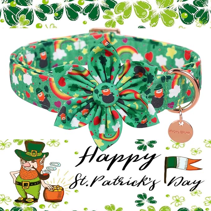 DOGWONG Green Lucky Clover Shamrock Dog Collar with Flower, Soft Adjustable St. Patrick's Day Lucky Charm Puppy Collar for Small Medium Large Dog