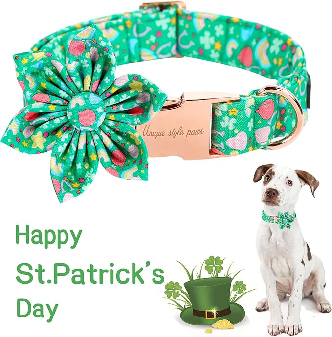 Unique style paws St. Patrick's Day Dog Collar with Flower Tie Rainbow Clover Heart Puppy Collar for Small Medium Large Boys Girls-M