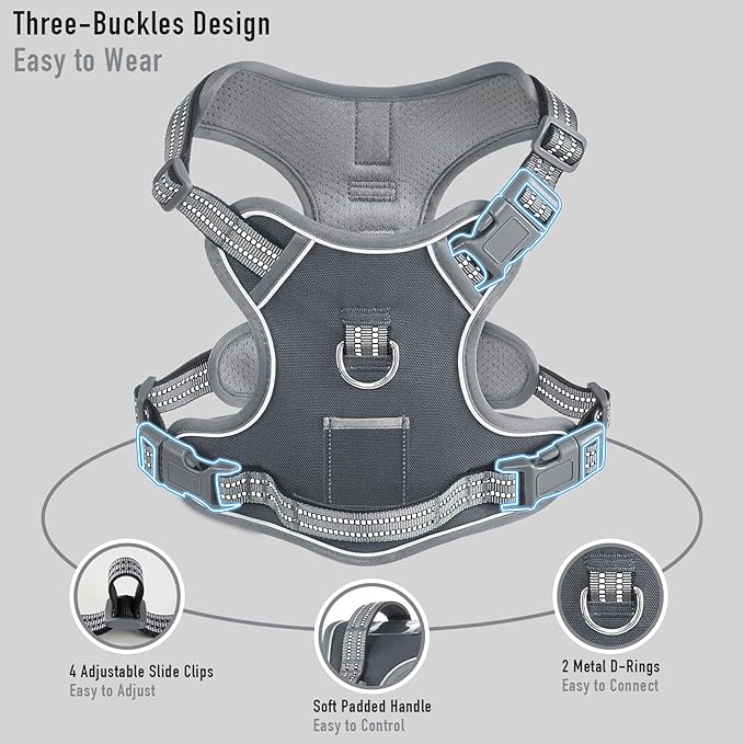 XSmall Dog No Pull Dog Harness, Adjustable Dog Vest for Easy Walking, Breathable Oxford Material, Reflective Strips with Metal Front Clip Control, Corgi, Pug, Terriers, Gray, XS