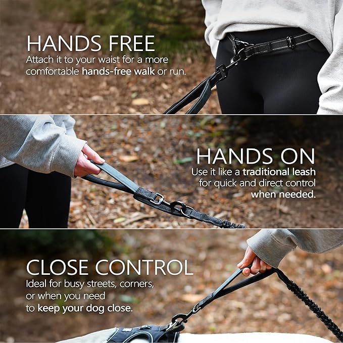 Waist Leash for Dog Walking, Running Leash for Dogs with Metal Quick-Release Buckle, Shock-Absorbing Rope Bungee, Neoprene Lumbar Support - Comfortable Hands Free Control for Daily Walks