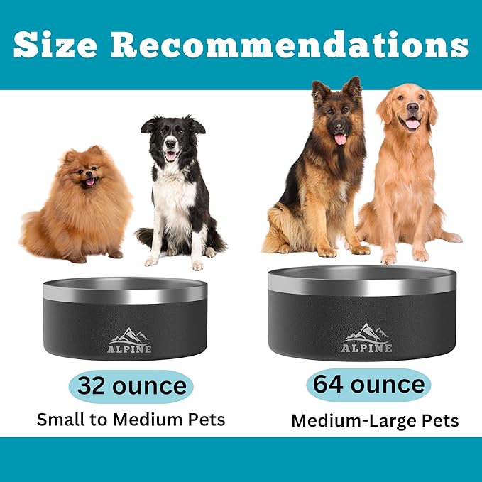 Alpine Set of 2 Stainless Steel Dog Bowls, Non Slip, Metal Pet Bowl for Food and Water, Double Walled Insulated, Rustproof, Dishwasher Safe- 32 Ounces- Pink (AB)