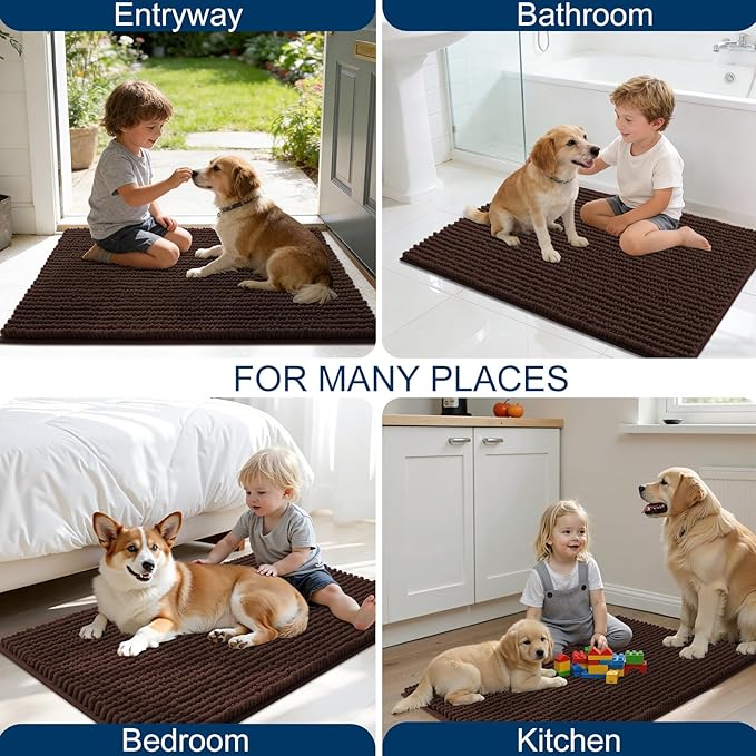 OLANLY Dog Door Mat for Muddy Paws 44x32, Ultra Absorbent Chenille Mud Doormat, Non-Slip Washable and Dirt Trapping Doormat for Indoor Entryway, Quick-Dry Indoor Pet Bed Mats for Dogs, Brown