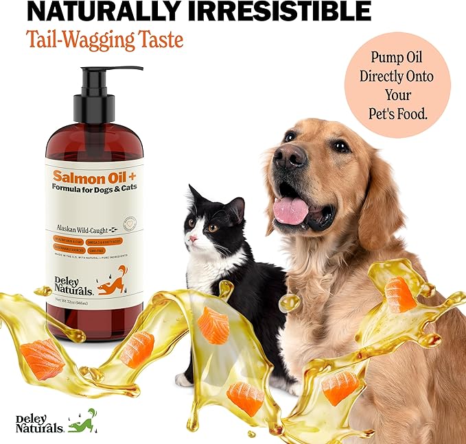 Deley Naturals Wild Alaskan Salmon Oil for Dogs & Cats - New and Improved Salmon Oil Plus Formula - Fish Oil for Dogs with Omega 3, DHA and EPA - Omega 3 for Healthy Skin and Coat - 32oz Made in USA