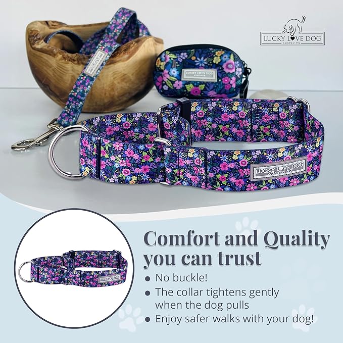 Lucky Love Dog Wide Martingale Dog Collar - No-Slip, Durable, & Soft Webbing 1.5 inch Martingale Collar for Dogs Male and Female Ideal for Training & Walking - Primrose, X-Large