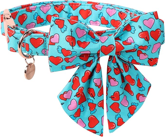 DOGWONG Valentine Dog Collar with Bow, Blue Heart Dog Collar Durable Soft Cotton Pet Dog Collar Cute Heart Valentines Day Puppy Necklace for Small Medium Large Dog