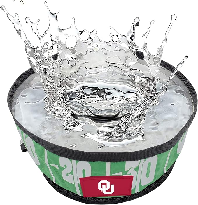 Pets First NCAA Oklahoma Sooners Collapsible Dog Travel Bowl, Food and Water Bowl for Dogs & Cats. Lightweight Leak-Proof Pet Bowl for Travel with Football Field & Pebble-Grain Design