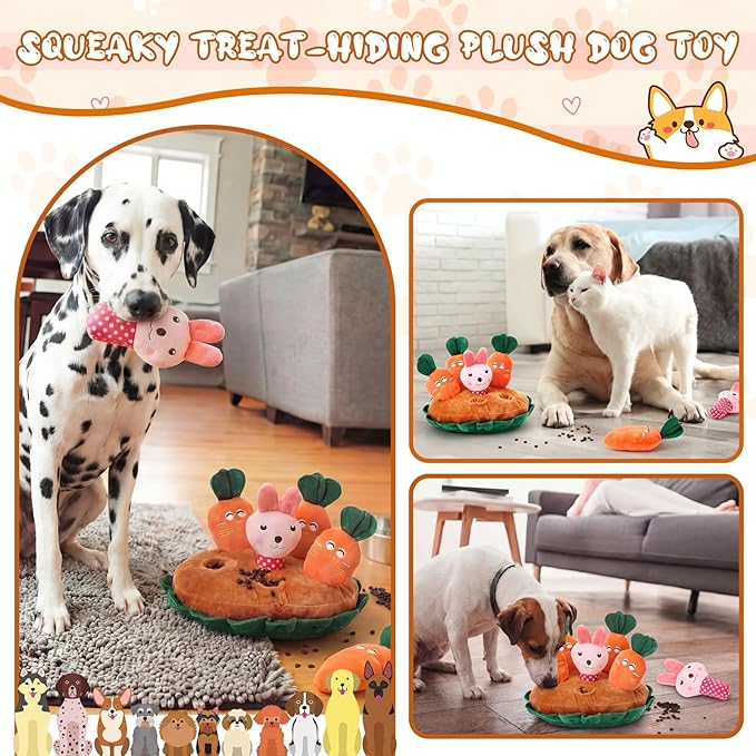 Skylety 7 Pcs Interactive Carrot and Bunny Dog Toy Set Snuffle Toy with Treat Hiding Puzzle and Squeaky Plush, Durable Interactive Dog Toys for Small Medium Dogs, Training and Boredom Relief Plaything