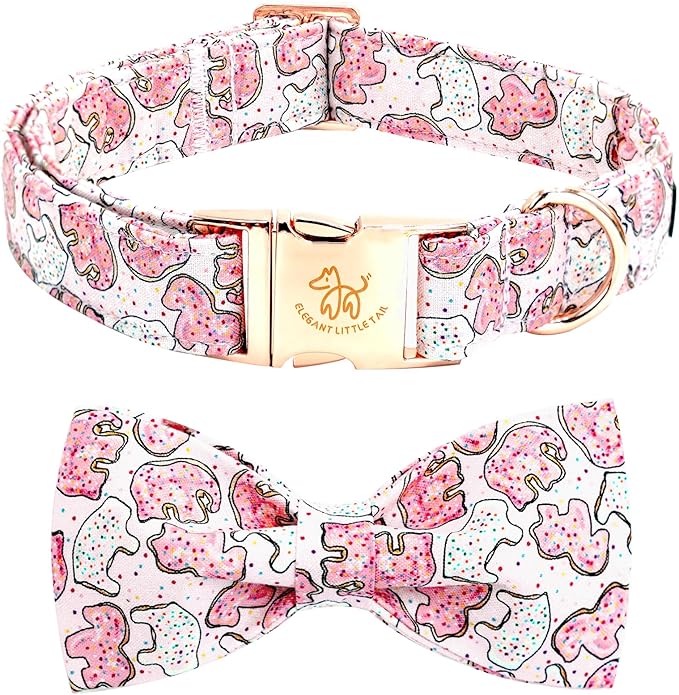 Elegant Little Tail Pink Elephant Cookies Print Cotton Soft Durable Adjustable Dog Collar with Bow for Small Dogs