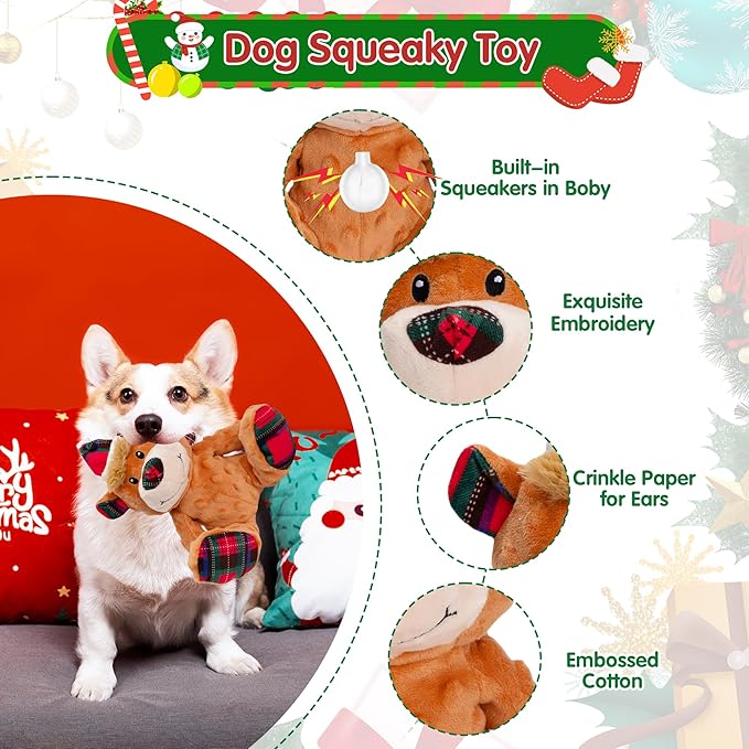 Christmas Dog Toys, Plush Squeaky Dog Toy with Crinkle Paper, Cute Christmas Puppy Toys with Cotton, Durable Interactive Dog Chew Toys for Puppy Small Medium Large Breed