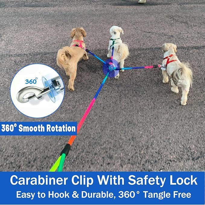 Heavy Duty 3 Dog Leash for Small Dogs No Tangle Detachable 360° Swivel Device with Padded Handle for Two/Three Pets