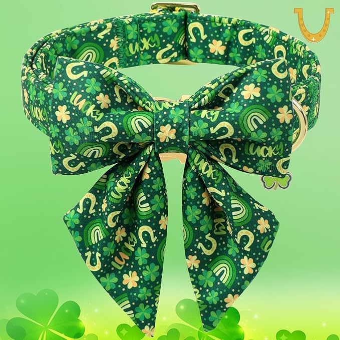 DOGWONG St. Patrick's Day Dog Collar with Sailor Bow Tie- Lucky Shamrock Bowtie Collar for Girl Boy Dog, Trefoil Dogs Collars Durable Adjustable, S