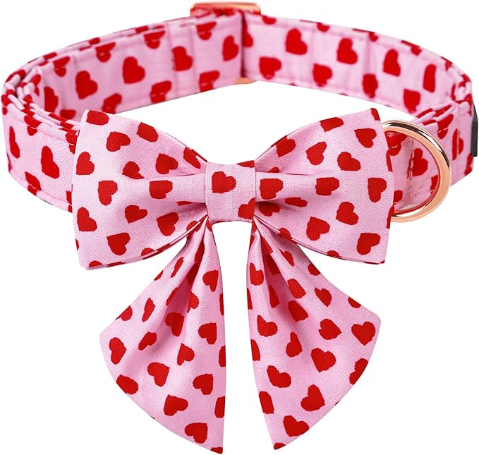 ARING PET Valentine's Day Dog Collar-Adorable Pink Heart Dog Collar with Sailor Bowtie, Comfortable Girl Dog Collars with Metal Buckle