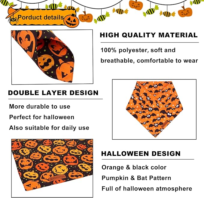 ADOGGYGO Halloween Dog Bandana, Pumpkin Bat Pet Scarf, Premium Durable Fabric, Adjustable Fit Halloween Bandanas for Large and Extra Large Dogs Pets (X-Large)