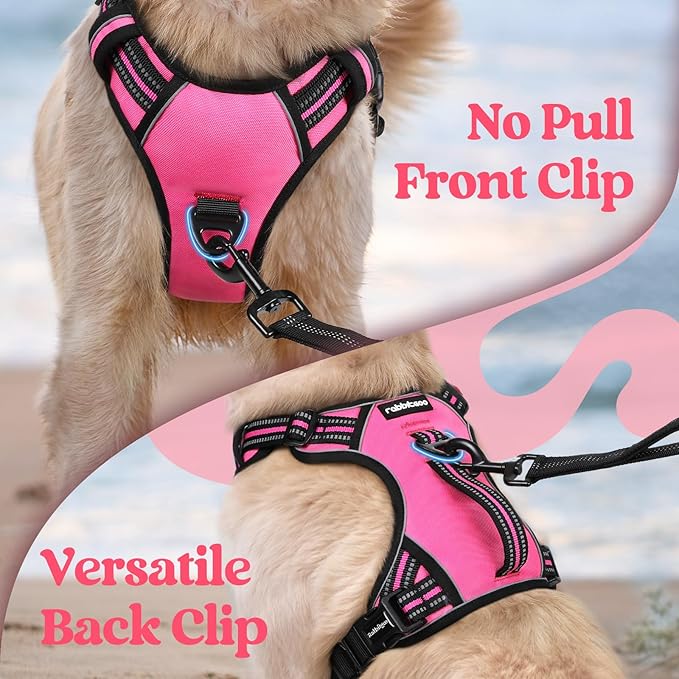 rabbitgoo Dog Harness Medium Sized, No Pull Pet Harness with Soft Padded Handle, Adjustable Reflective Vest with 3 Buckles, Easy Walking Harness with 2 Leash Clips, Pink, M