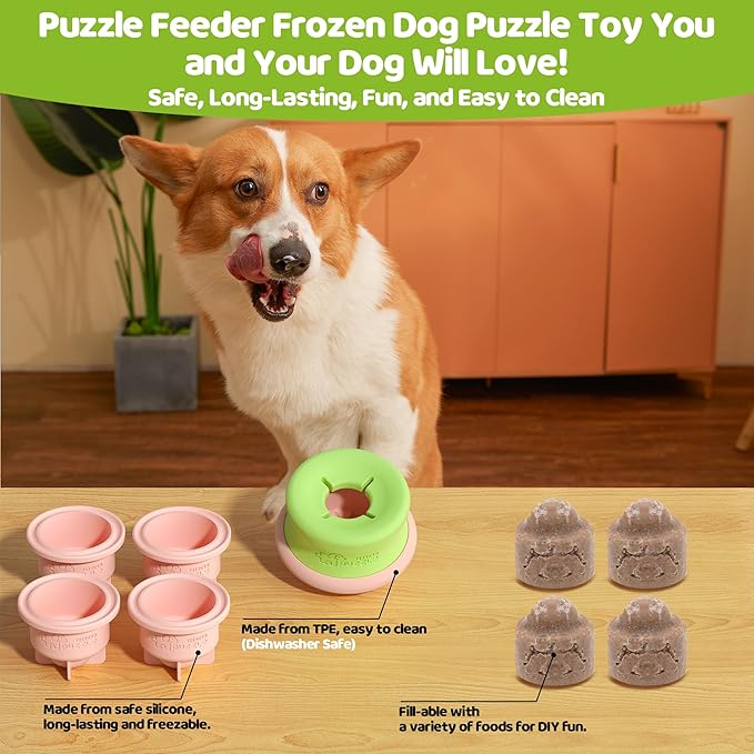 Puzzle Feeder Interactive Dog Enrichment Toy, 4 Freezable Silicone Cups, Slow Feeder Dishwasher Safe, Reduces Anxiety and Mental Stimulation, Pink