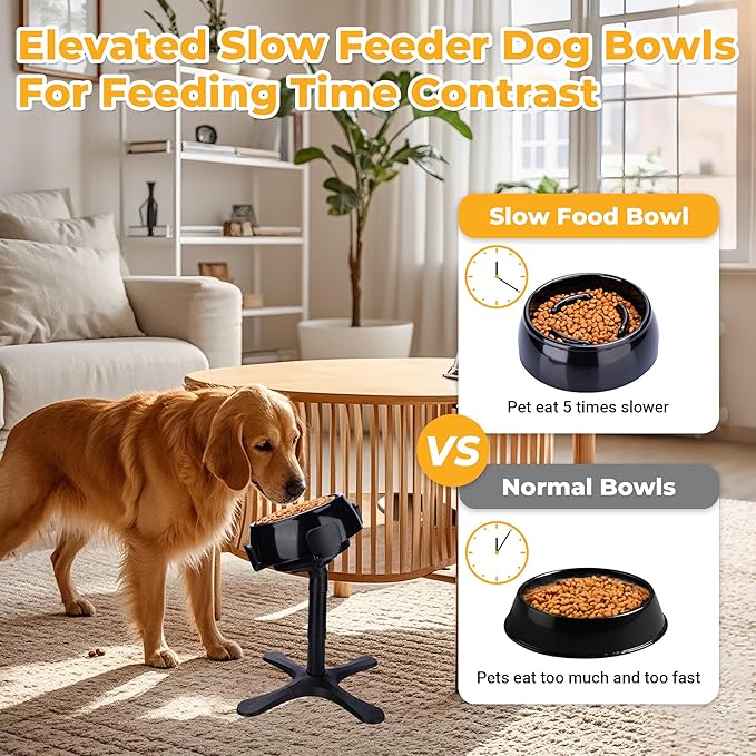 Elevated Adjustable Stand with Slow Feeder Dog Bowls,Tilted ABS Base,Fits 5.5-9.5" Bowls, Anti-Spill & Non-Slip, Heavy Duty for Med/Large Dogs(with Round Bowls)