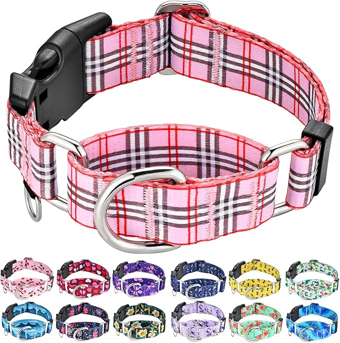 Martingale Collar with Quick Release Buckle Cute Girl Female Training Dog Collars (Pink Plaid, Medium)
