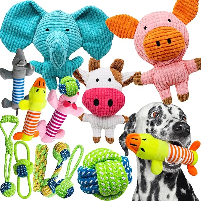 12 Pack Dog Squeaky Toys: Cute Interactive Plush Chew Toys with Rope, Puppy Teething Toys Bundle for Small Medium Dogs to Keep Busy