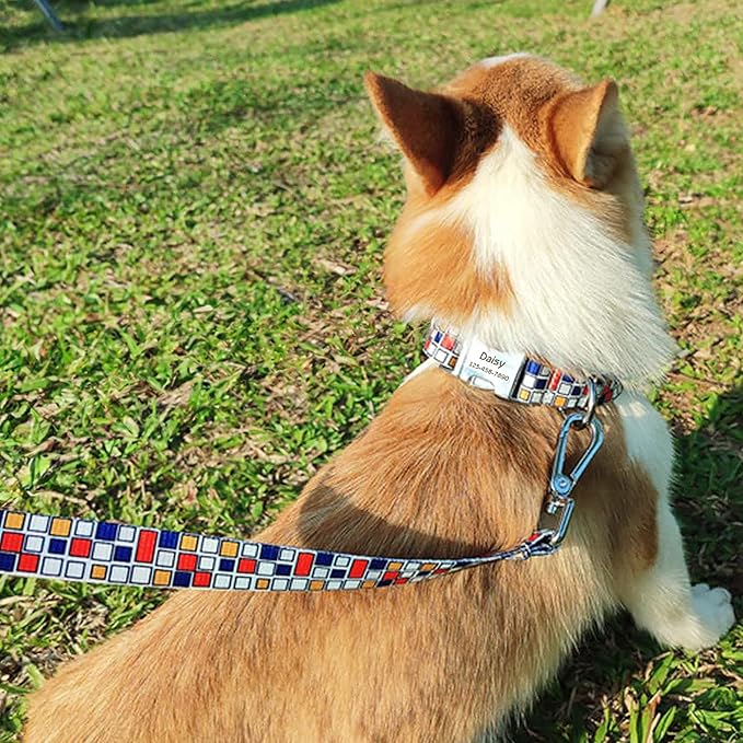 Personalized Pet Collar with Buckle | Custom Name & Number Mosaic Print | XS - L Sizes |Metal Buckle D-Ring | Adjustable Reflective Weatherproof Dog Collar for Medium and Small Dogs