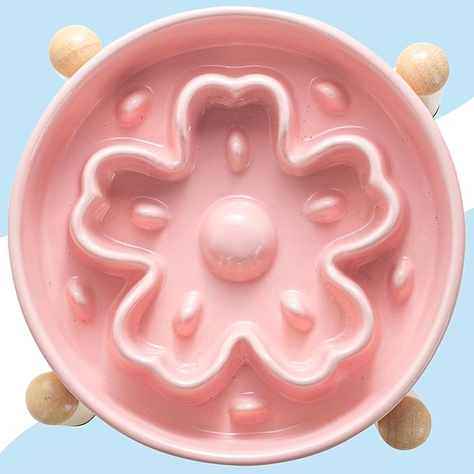 Ceramic Slow Feeder Dog Bowls, Raised, 3 Cups Elevated Slow Feeder with Wooden Stand for Medium Large Breed, Puzzle Dog Food Bowl, Flower (Pink)