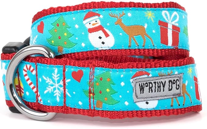 THE WORTHY DOG Adjustable Holiday Dog Collar for Small Dogs, Durable Nylon Webbing, Quick Release Buckle, Winter Wonderland Christmas Pattern, ICY Blue, Small