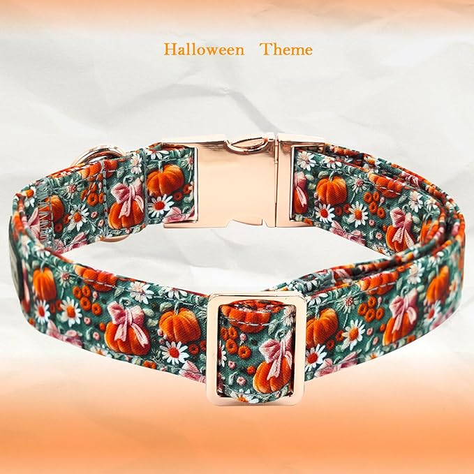 Elegant little tail Fall Dog Collar, Halloween Pet Collars with Bow Cute Flower Pumpkin Print Puppy Collar Female or Male Cotton Adjustable Collars for Small Medium Large Dogs