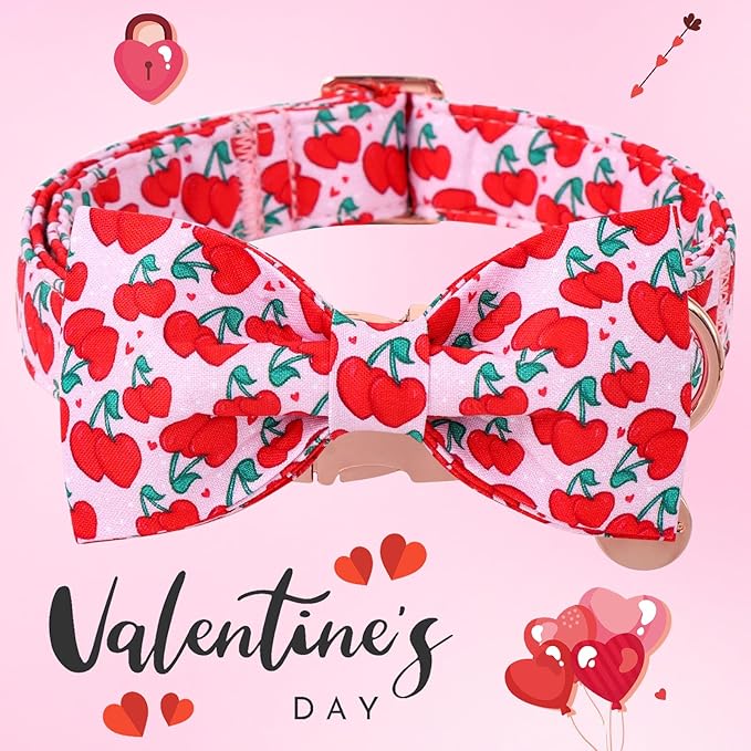 DOGWONG Valentine Dog Collar with Bow, Pink Cherry Heart Dog Collar Durable Soft Cotton Pet Dog Collar Cute Heart Valentines Day Puppy Necklace for Small Medium Large Dog