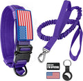 Tactical Dog Collar and Bungee Leash,Military Dog Collar & Leash Set with USA American Flag Adjustable K9 Collar with Heavy Duty Metal Buckle & Handle,with Patches and Airtags Case (Purple, M)
