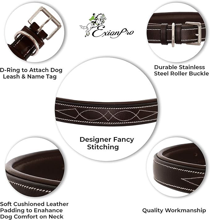 Exion Geniun Leather Dog Collar Designer Stitched Soft Leather Padded- Suitable for Small Medium Large X-Large Dogs for Walking Running- Black with White Padding