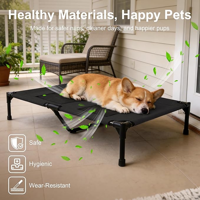 Dog Beds, Raised Pet Cot for Medium and Large Dogs, Cooling Breathable Mesh, Durable Sturdy Frame, Washable Cover, Portable and Easy to Assemble Indoor/Outdoor Pet Bed, Black, M