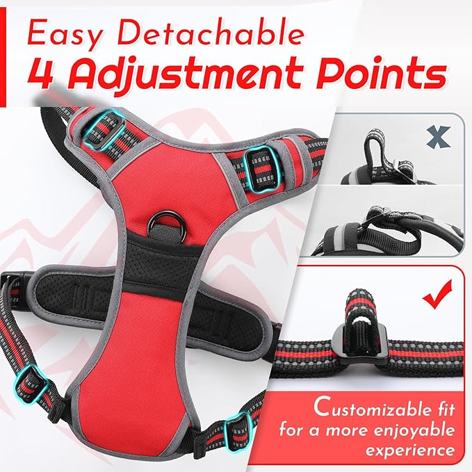 Eagloo Dog Harness Medium Sized Dog, No Pull Service Vest with Reflective Strips and Control Handle, Adjustable and Comfortable for Easy Walking, No Choke Pet Harness with 2 Metal Rings, Red, M