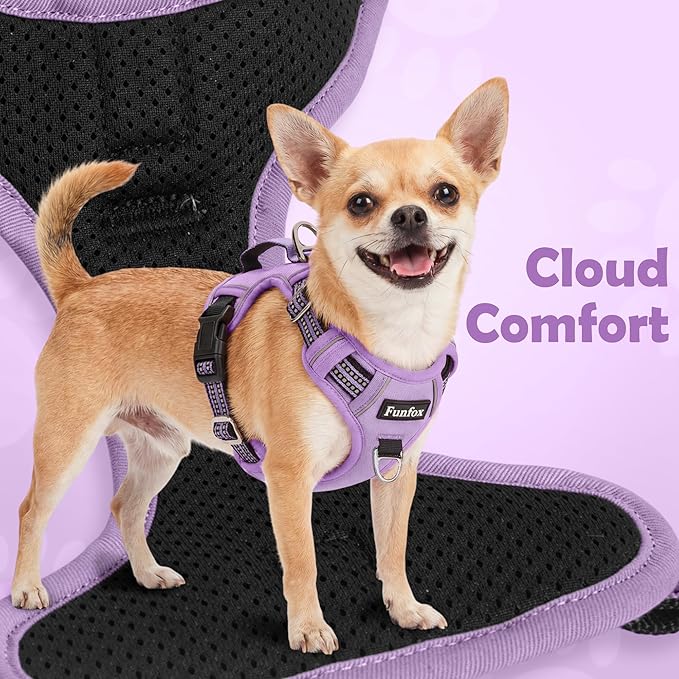 Funfox Dog Harness No Pull, Adjustable Pet Vest Harness, Super Soft Material with Vertical Handle Easy Control, Reflective Night Walking, 2 Leash Clips for Large Dogs, Purple, L